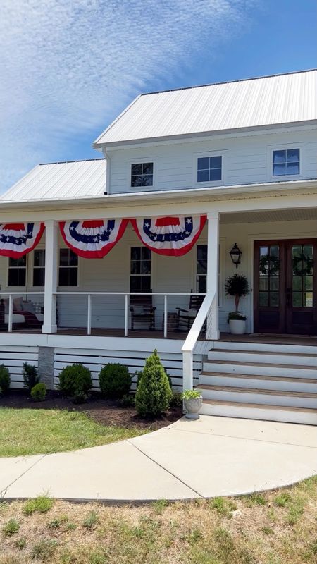 Memorial Day weekend patriotic America USA decor home exterior flag bunting American flag front porch exterior front door decor eucalyptus trees and wreaths outdoor wall sconce lantern lighting light fixtures planters rocking chairs sale free shipping Amazon finds 

#LTKSeasonal #LTKhome #LTKFind