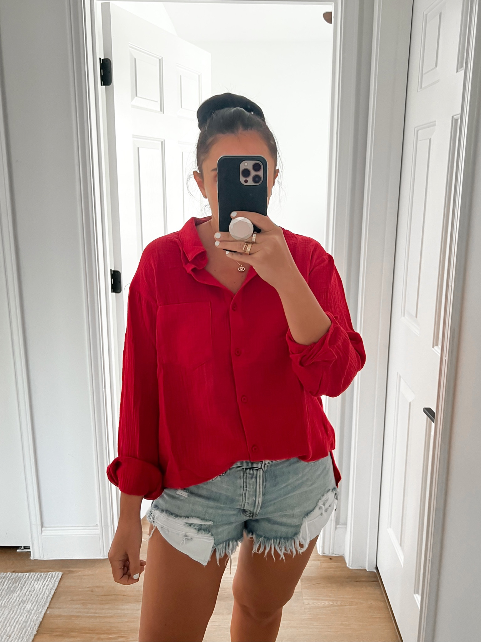 Red Dress The Grass Is Greener Red Gauze Top wearing size small. Free People Women's Short Loving Good Vibrations Shorts wearing size 28