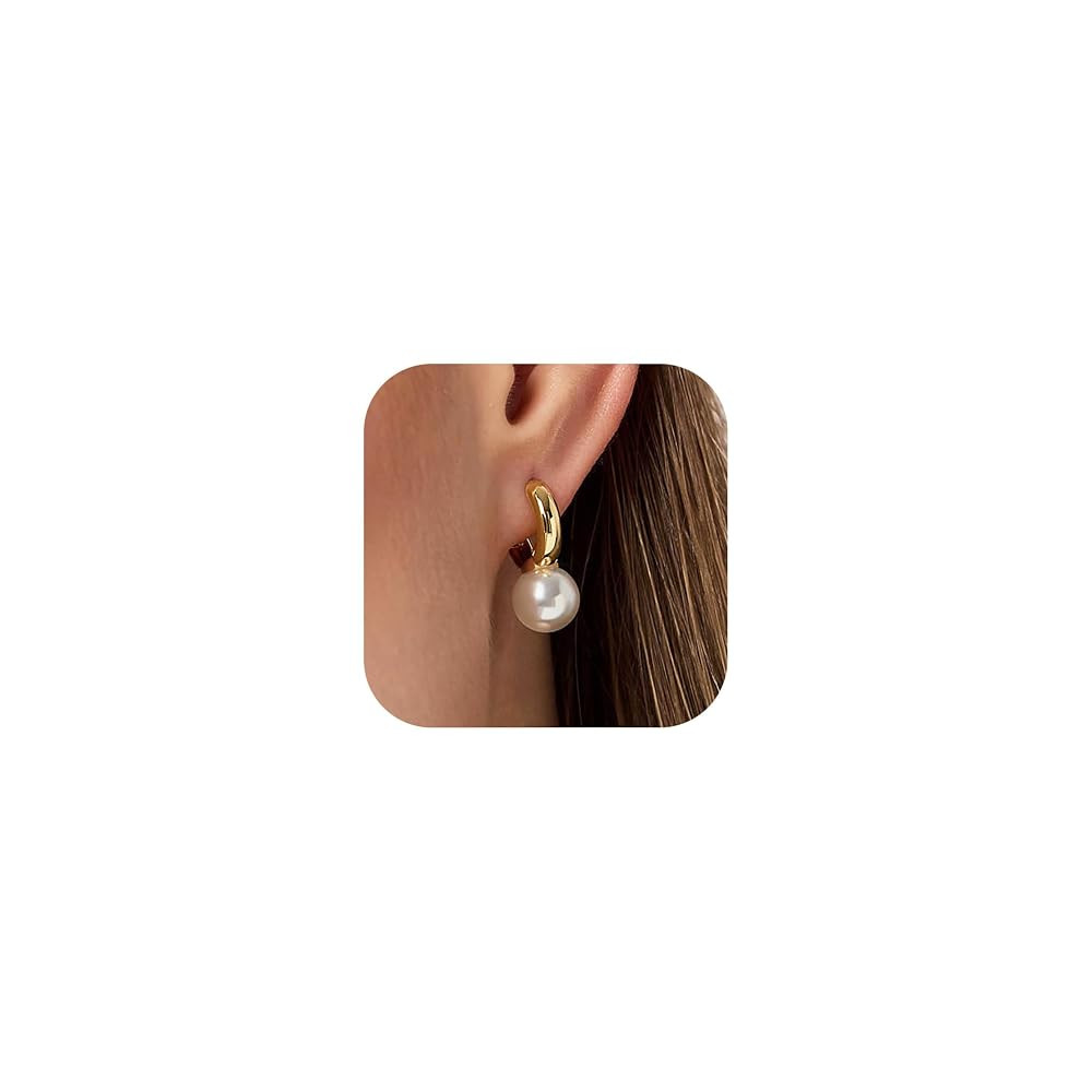 MOODEAR Dainty Freshwater Pearl Earrings - Trendy 14k Gold Plated/Silver Small Hoop Dangle Earrin... | Amazon (US)