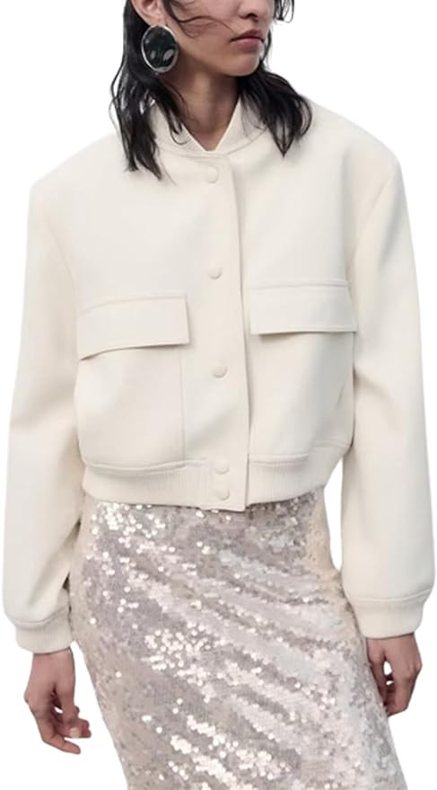 Yidarer Women's Cropped Bomber Jackets Casual Button Down Varsity Jacket Coat with Pockets | Amazon (US)