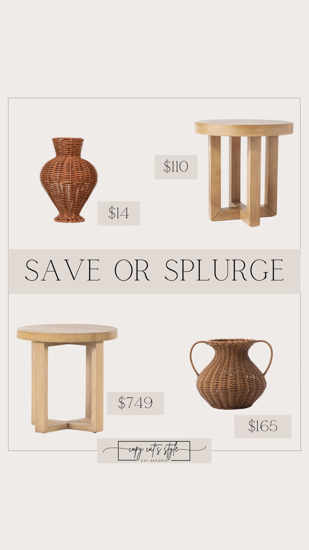 Save or splurge on home finds! Look for less Pottery Barn end tables, woven faux rattan vases. 

#LTKSaleAlert #LTKHome #LTKFindsUnder50