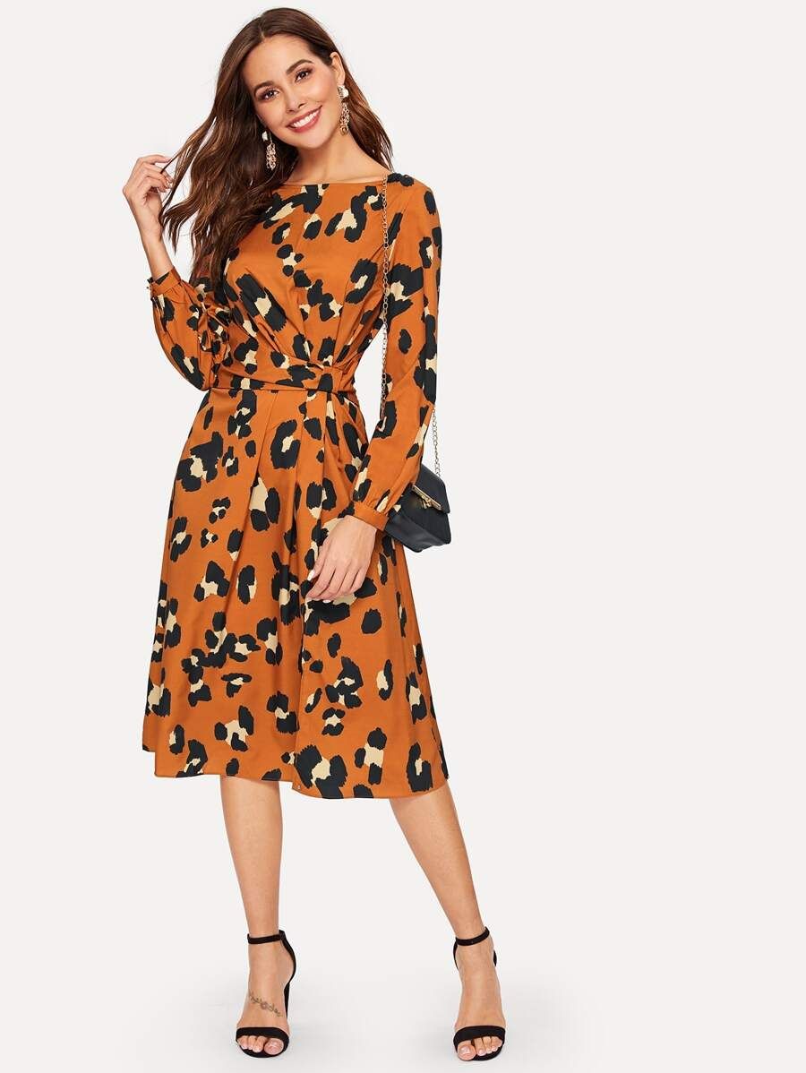 Ruched Detail Split Side Leopard Dress | SHEIN