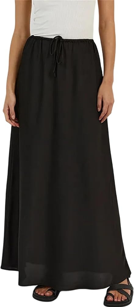 Meladyan Woman Drawstring High Elastic Waist Maxi Long Skirt A Line Flare Solid Slim Fitted Going... | Amazon (US)
