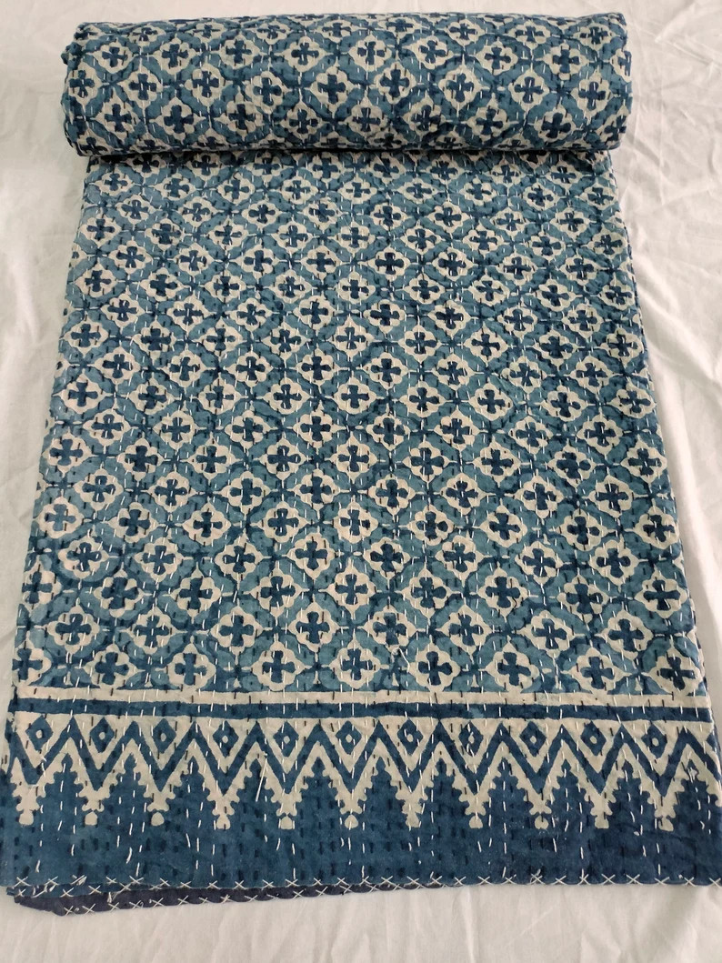 Indigo Kantha quilt blue kantha handmade indian block print blue kantha bedspread blanket indigo ... | Etsy (US)