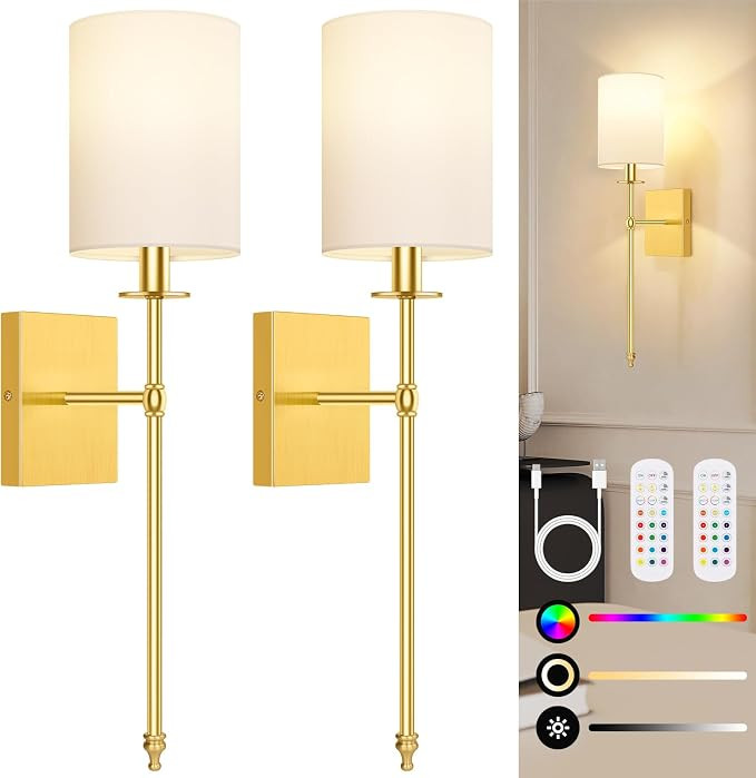 24.8 Inch Wall Sconces Battery Operated Set of 2, Rechargeable Wireless Wall Sconces Lights with ... | Amazon (US)