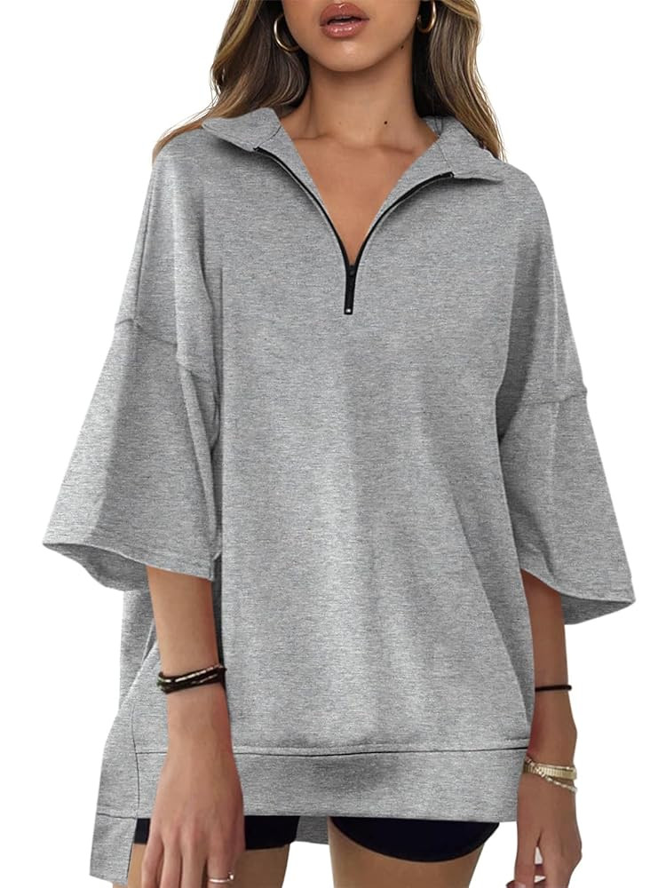Fisoew Womens Oversized Sweatshirt Casual Zip Up V Neck 3/4 Sleeve High Low Pullover Tunic Tops | Amazon (US)