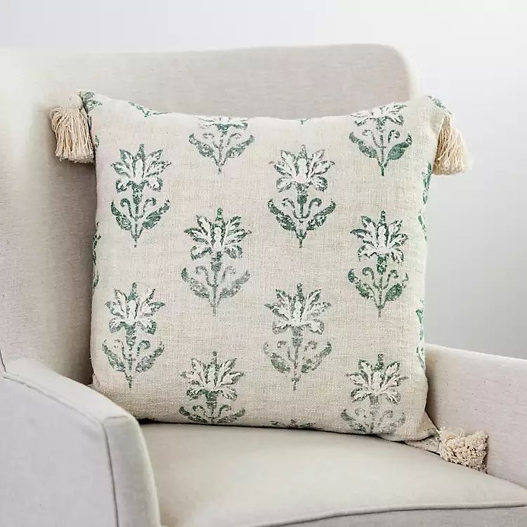 Sage Floral Print Pillow with Tassels | Kirkland's Home