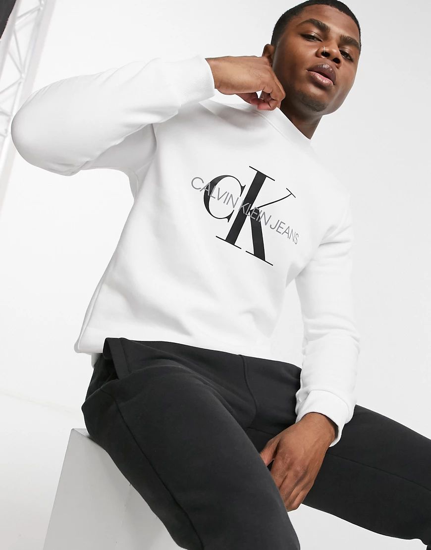 Calvin Klein Jeans monogram logo crew sweater in white | ASOS (Global)