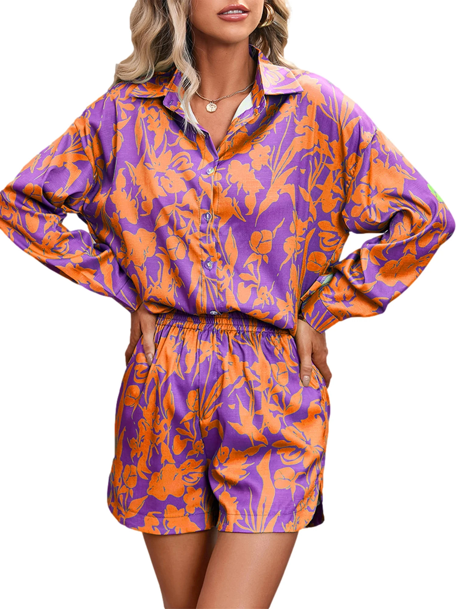 Women's Summer 2 Pieces Outfits Casual Button Down Shirt and Shorts Set Beach Holiday Matching Cl... | Walmart (US)