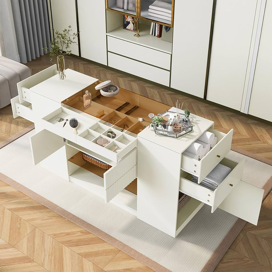 60" Closet Island Dresser with Glass Top, Cream White Wardrobe Dressing Island for Walk-in Closet... | Amazon (US)