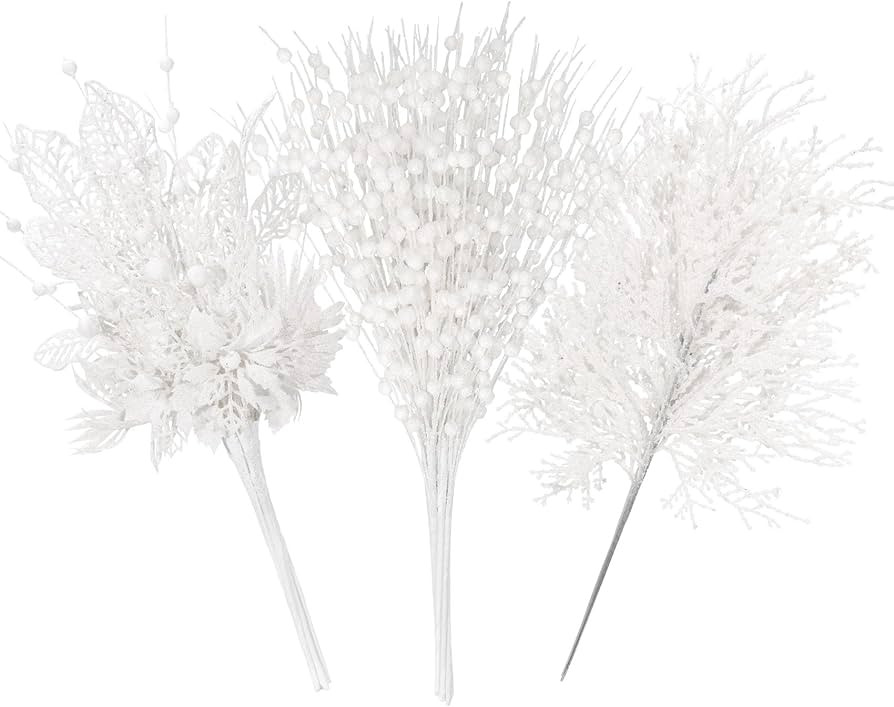 30 Pack White Christmas Tree Picks and Sprays, Christmas Tree Ornaments Artificial Flowers Glitte... | Amazon (US)