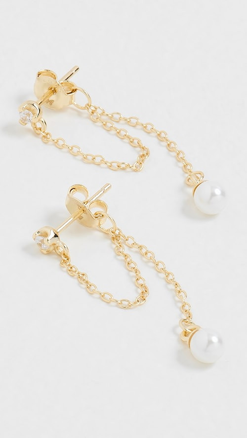Cubic Zirconia X Pearl Double Chain Front Back Stud Earrings | Shopbop