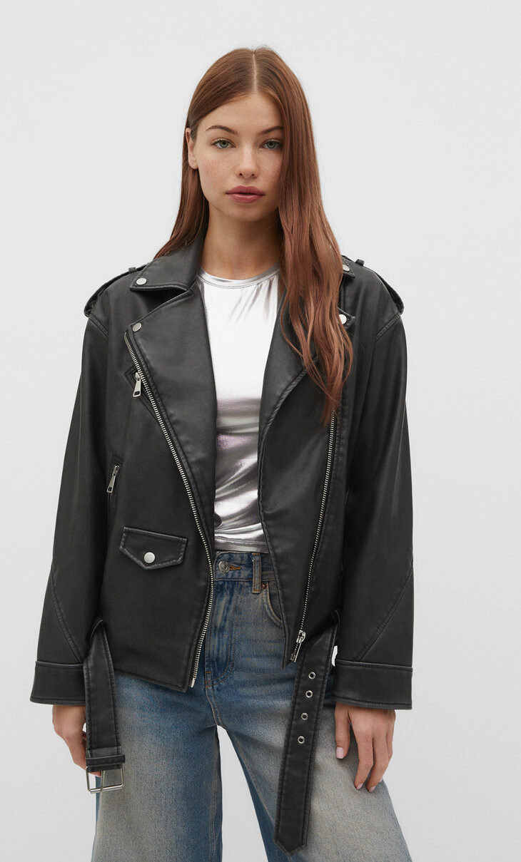 Long faux leather biker jacket - Women's fashion | Stradivarius United Kingdom | Stradivarius (UK)