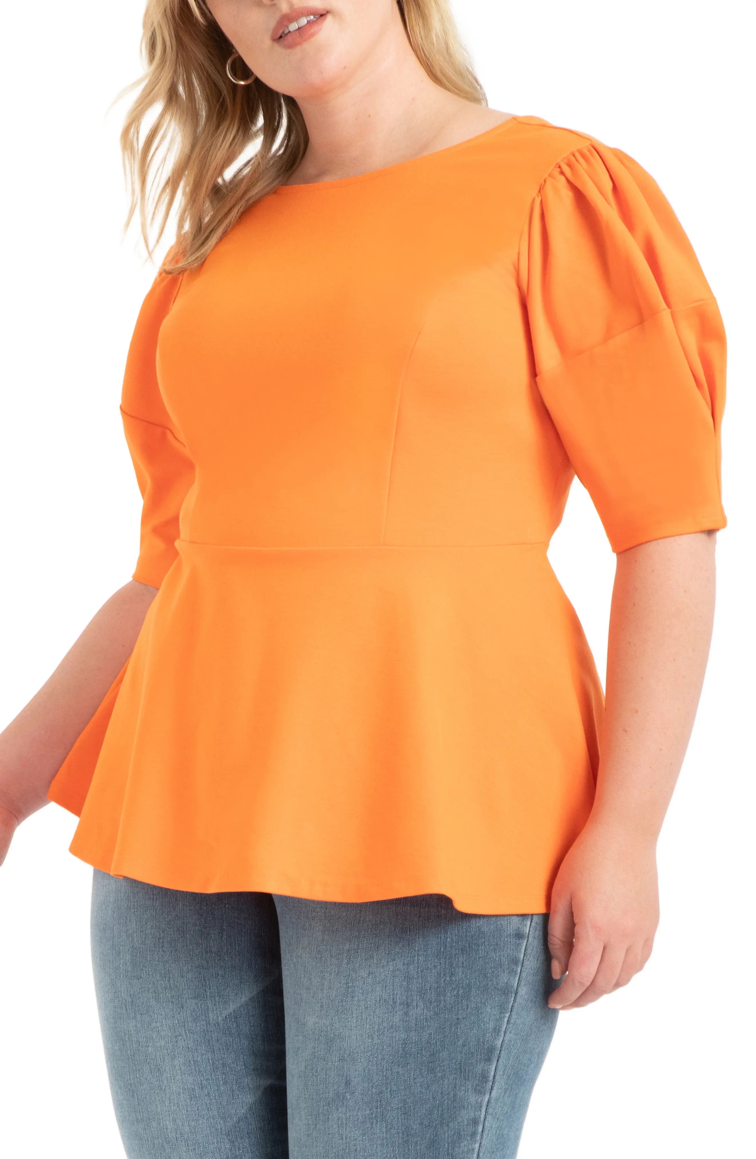 Plus Size Women's Eloquii Puff Sleeve Peplum Top, Size 22W - Orange | Nordstrom
