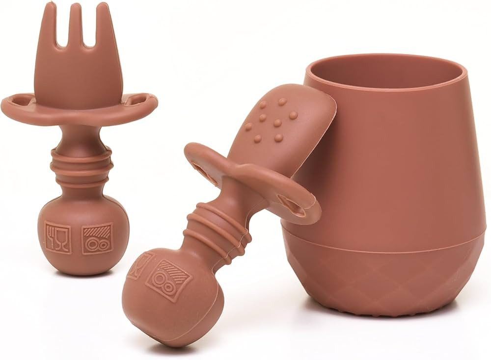 Baby Utensil Set (3 pcs) - Self Feeding Spoons and Tiny Cup - Silicone & BPA Free - Baby Led Wean... | Amazon (US)