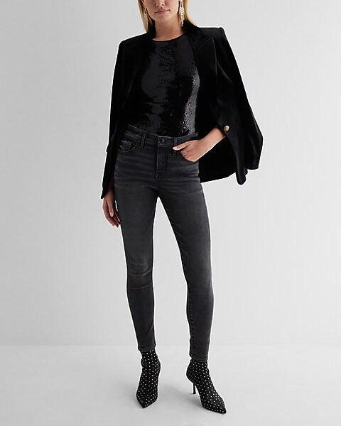 Body Contour Sequin Crew Neck Bodysuit | Express