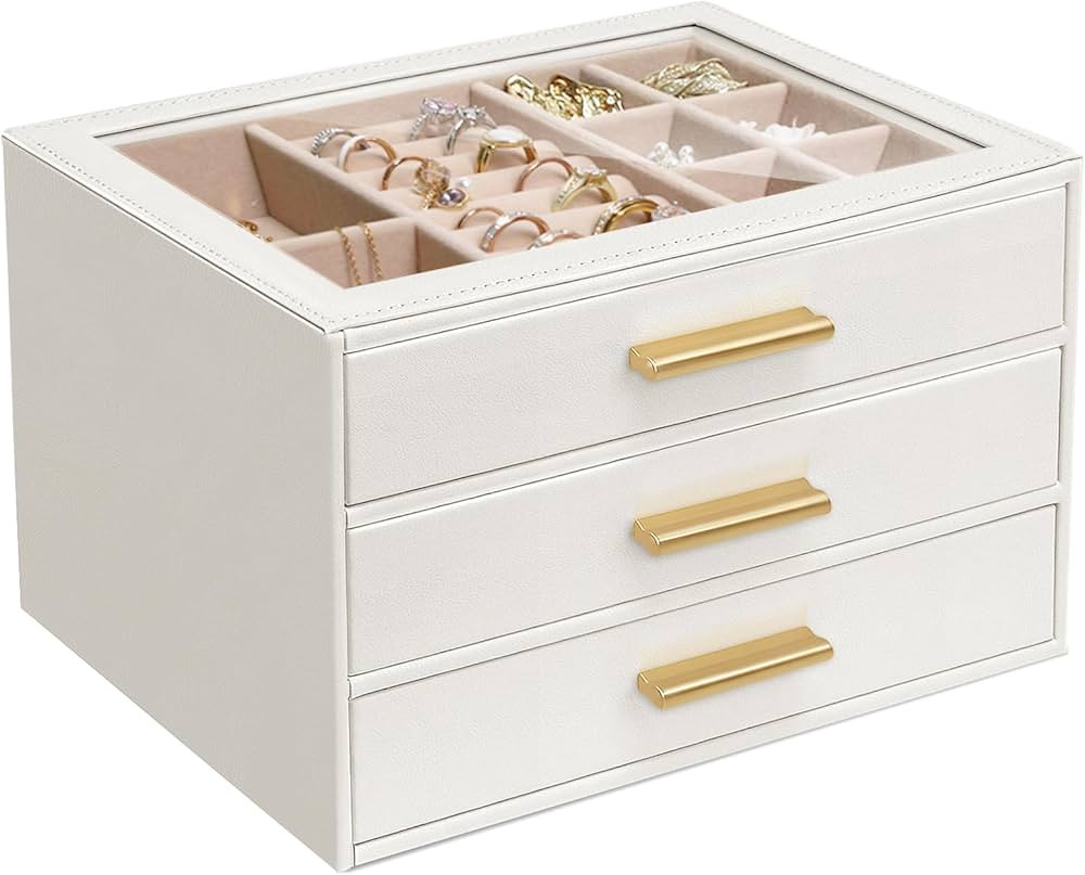 Jewelry Box for Women, Glass Lid Leather Jewelry Organizers and Storage with 3 Drawers, Large Cap... | Amazon (US)