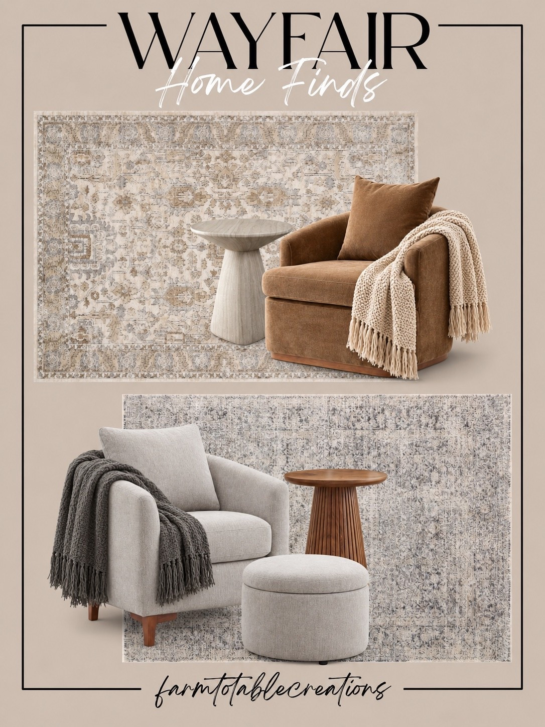 Wayfair Cozy Neutral Corner 🤎

Create the coziest little corner with these beautiful Wayfair finds! Soft neutral rugs, warm caramel and cream seating, textured throws, and sculptural accent tables make these pieces perfect for creating an elevated space that still feels comfortable and inviting.

I love how easily these finds can work in a living room, bedroom, reading nook, or home office. The mix of warm wood tones, creamy upholstery, subtle patterns, and cozy texture gives you that designer-inspired look while staying timeless enough to use year-round.

Follow @farmtotablecreations on Instagram for more cozy home finds and trending decor.

#LTKHome #Wayfair #WayfairFinds #WayfairHome #NeutralHome #CozyHome #HomeDecor #LivingRoomDecor #ReadingNook #NeutralDecor #DesignerInspired #CozyCorner #HomeInspo #InteriorInspo #LTKFinds

#LTKHome #LTKSaleAlert