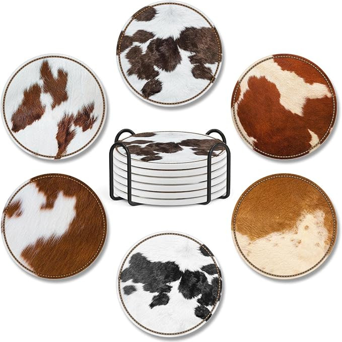 Pack 6 Coasters Cow Ceramic Coaster with Cork Base Funny Housewarming Gifts for Women Coffee Tabl... | Amazon (US)