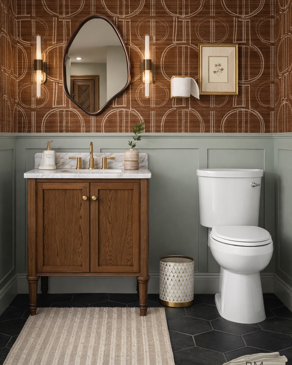 Half bathroom mood board! Powder room design inspiration. Bathroom vanity, bath rug, curvy mirror, wall sconces, Kohler faucet, affordable Walmart wall art. #halfbath #homedecor 

#LTKSeasonal #LTKHome #LTKFamily