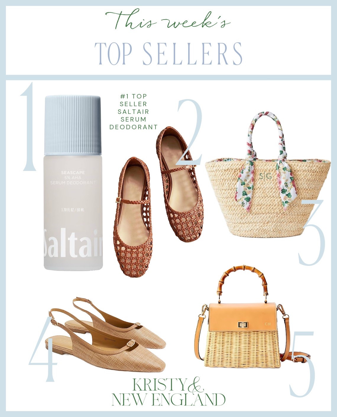 This week’s top sellers #1 Saltair Serum Deodorant #2 Cane Ballet Flats #3 Ribbon Wrapped Straw Tote #4 Raffia Slingbacks #5 Bamboo & Wicker Bag

#LTKItBag #LTKShoeCrush #LTKOver40