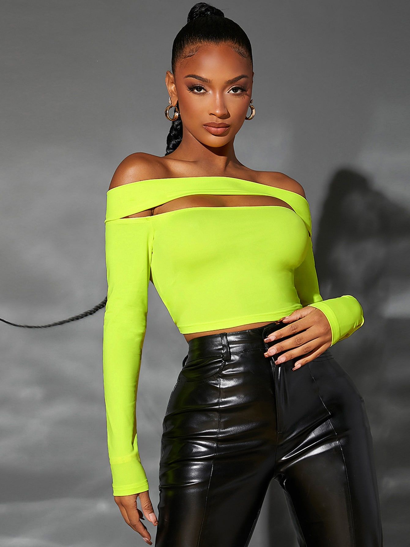 SHEIN SXY Neon Lime Off Shoulder Cutout Crop Tee | SHEIN