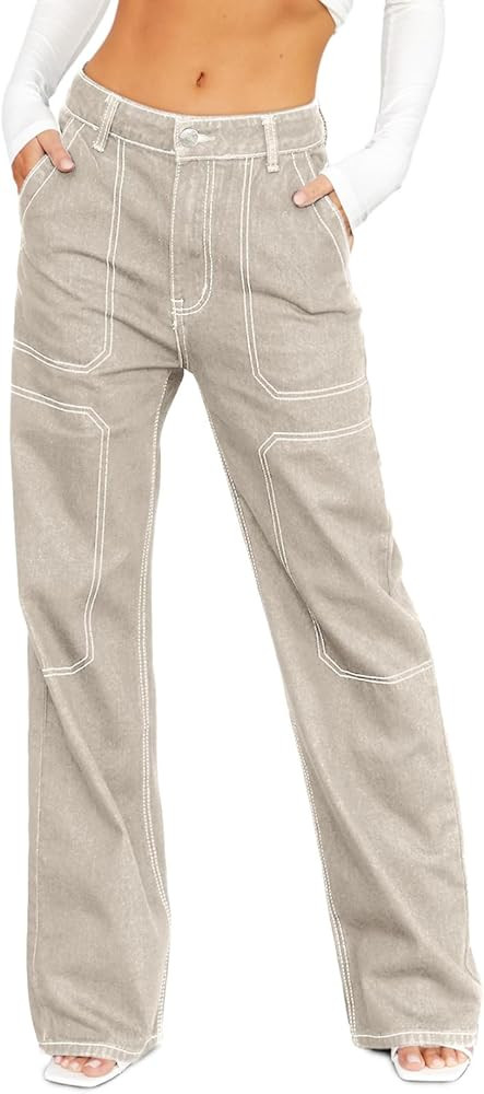 Dokotoo Women's Casual Mid Waist Cargo Jeans Stretch Wide Leg Denim Pants with Pockets | Amazon (US)