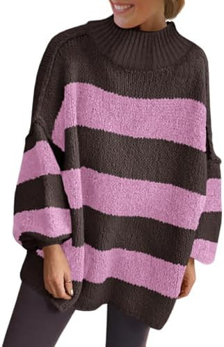 Saodimallsu Womens Oversized Striped Sweater Mock Neck Chunky Knit Lantern Long Sleeve Fall Trend... | Amazon (US)