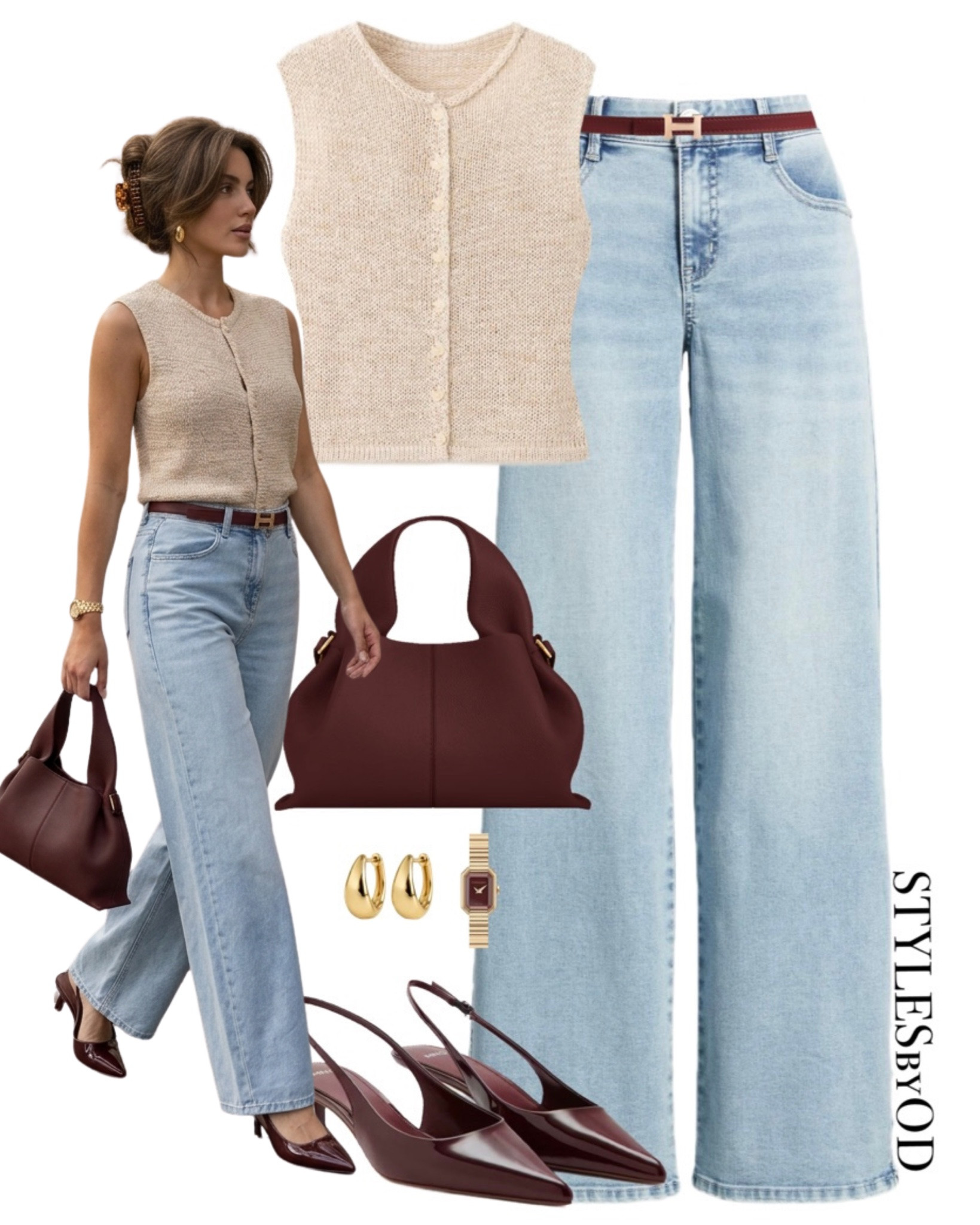 TRANSITIONAL CHIC☕️

Pairing a textured beige sleeveless knit vest with light-wash wide-leg denim keeps the look effortless, while rich burgundy accents elevate it instantly. The deep wine tote bag, matching thin Hermès-style belt, and pointed slingback heels add that polished, expensive feel without trying too hard. Perfect for coffee runs, casual office days, or lunch dates✨

#TransitionalStyle #LTKfashion

#LTKeurope #LTKworkwear #LTKstyletip #LTKjeans