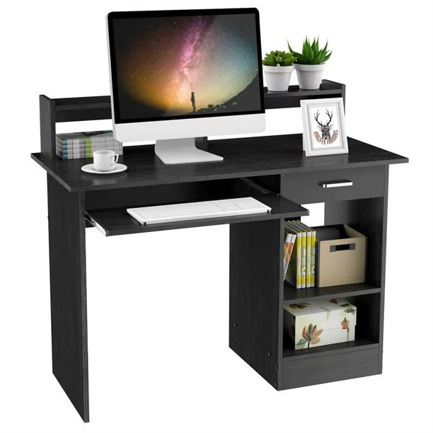 SmileMart Wooden Home Office Computer Desk with Drawers, Storage Shelves, and Keyboard Tray, Blac... | Walmart (US)