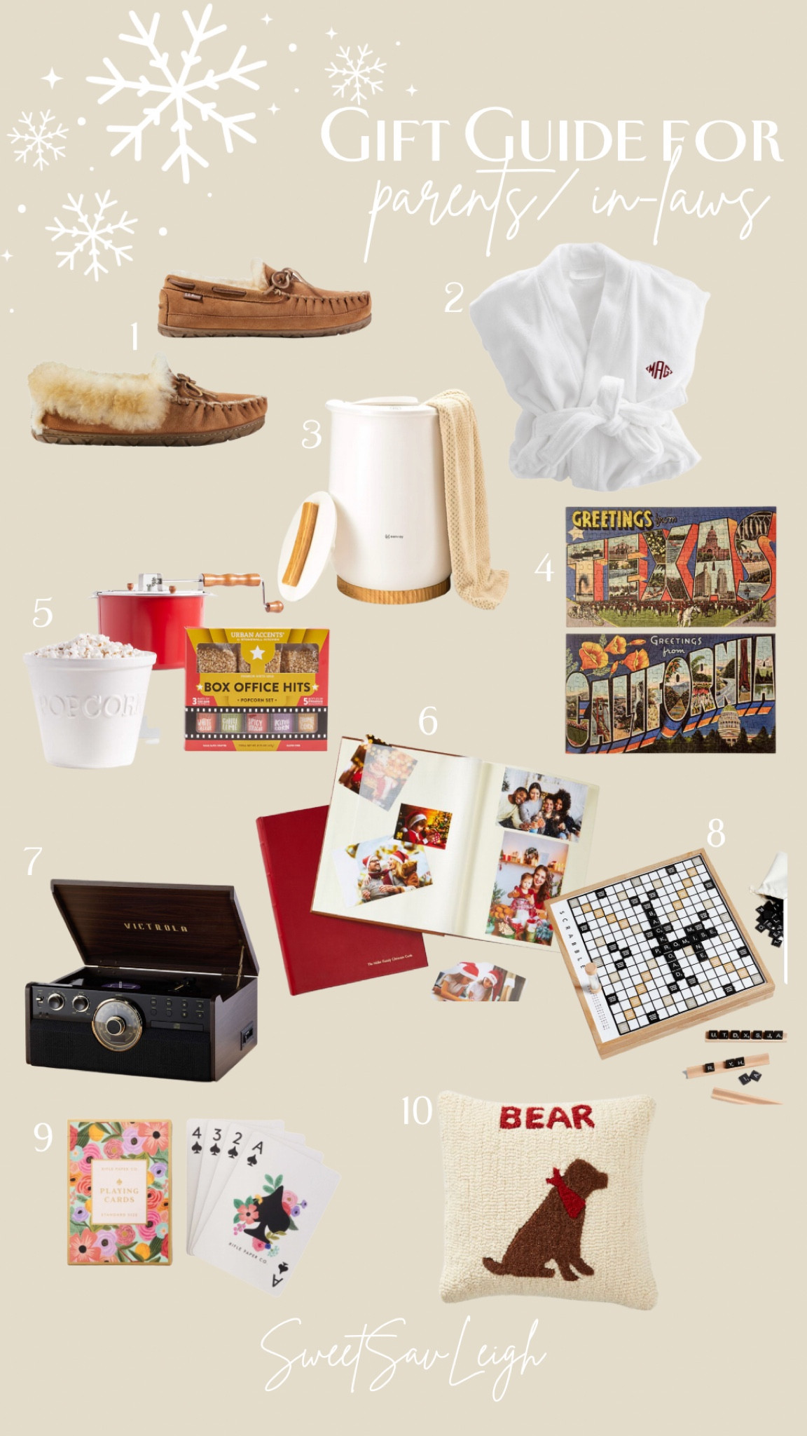 Gift guide for parents/in-laws/grandparents
1. Matching slippers!
2. Monogrammed robes
3. Towel warmer
4. State puzzle: this cute, vintage state postcard puzzle is so cool!
5. Popcorn set: includes stovetop popcorn maker as well as a popcorn bowl and seasonings! Perfect for family movie nights
6. Personalized photo album. This photo album is leather bound, and there’s nothing quite like flipping through photos and recounting memories!
7. This Bluetooth speaker is designed to look like a record player!
8. If your family is into board games, a deluxe edition of their favorite would make a great gift!
9. A pretty set of playing cards
10. Customized throw pillow with your parents dog 
 

#LTKGiftGuide #LTKHoliday #LTKSeasonal