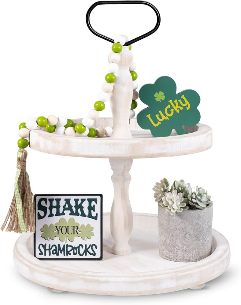 Mustry Rustic Wooden 2 Tiered Tray, Round Farmhouse Kitchen Table Decor Serving Tier Tray, Food F... | Amazon (US)