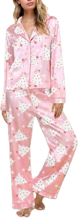 Women Y2k Christmas Pajamas Print Long Sleeve Button Down Shirt and Wide Leg Pants 2 Piece Pjs Se... | Amazon (US)