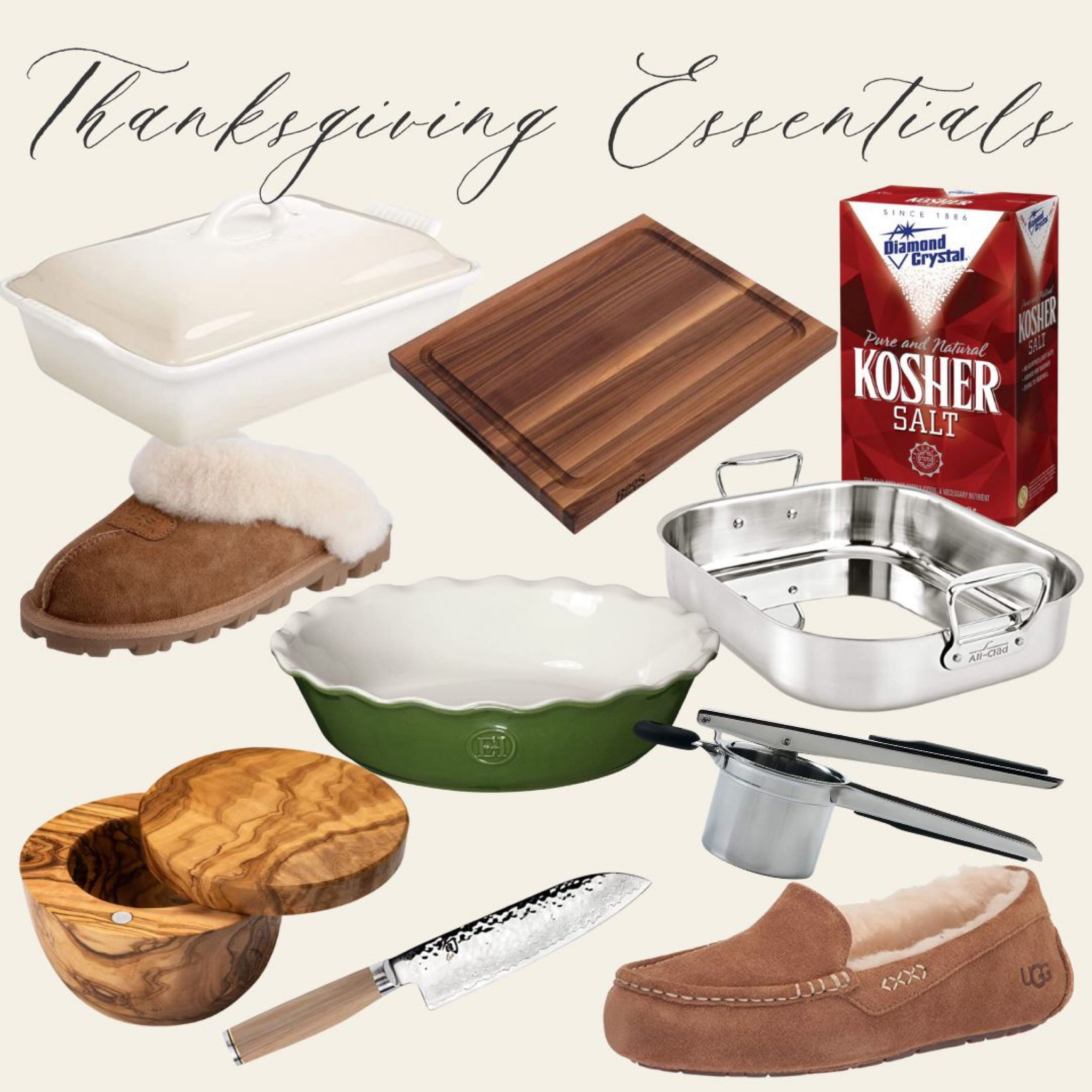 Thanksgiving Day & holiday cooking essentials, including a Le Creuset baker, Boos Block cutting board, Diamond Crystal kosher salt, Emile Henry pie dish, olive wood salt keeper, All-Clad roasting pan, Ugg slippers, potato ricer, and Shun santoku knife.

#LTKhome #LTKHoliday #LTKSeasonal