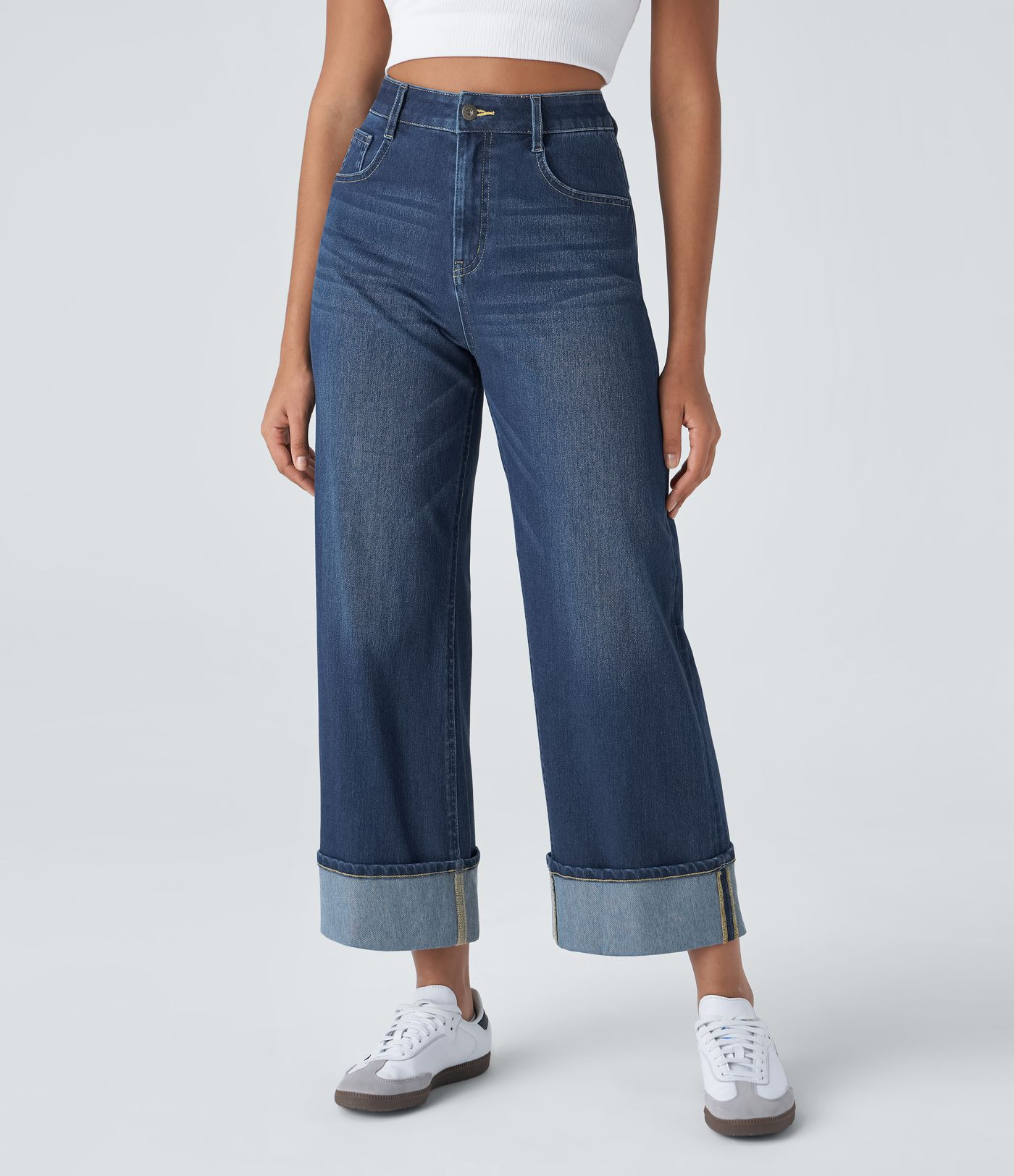 Halara Flex™ High Waisted Pockets Rolled Hem Wide Leg Washed Casual Jeans | HALARA