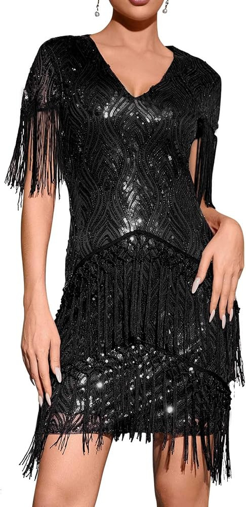 Midi Cap Sleeve Flapper Dress with Sequin Vintage Fringe Dress Roaring 20s Sequins Beaded Dress | Amazon (US)