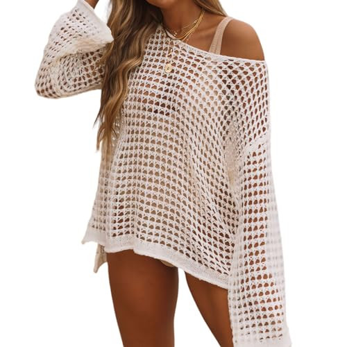 Towazwo Crochet Swimsuit Coverup Beach Bathing Suit Bikini Cover Ups for Swimwear Women Hollow Out Mesh Summer Beach Outfits White XL | Amazon (US)
