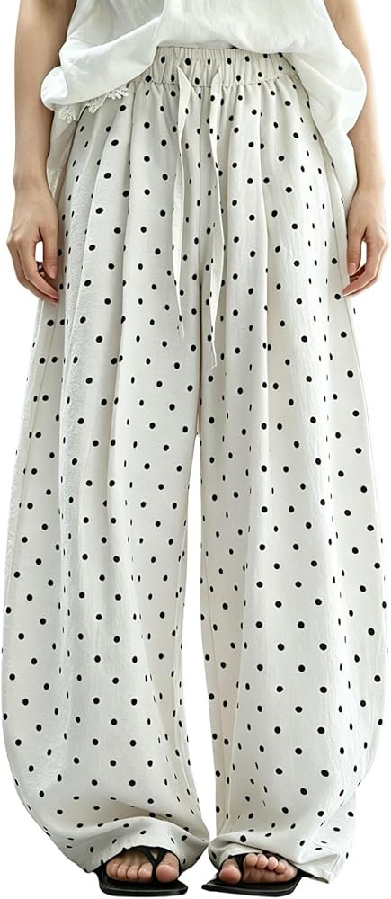 Women Polka Dot Barrel Pants Cotton Linen Wide Leg Drawstring High Waist Casual Vacation Lounge P... | Amazon (US)