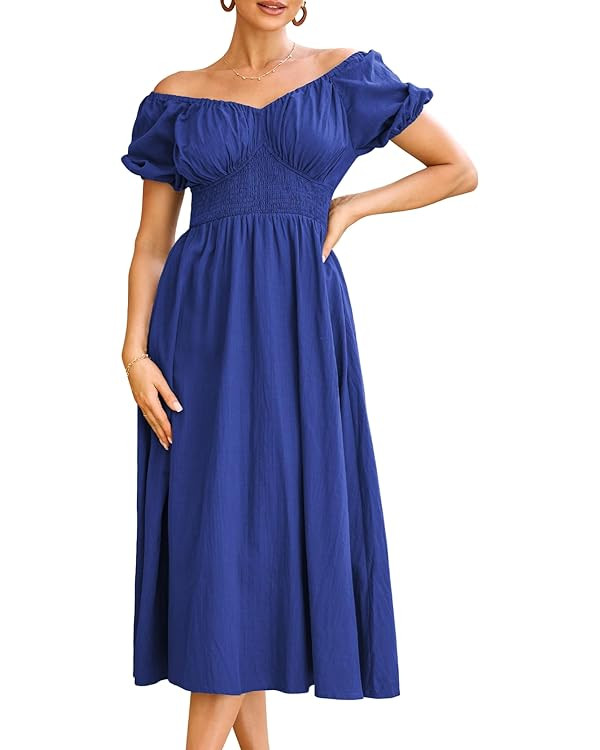 GRACE KARIN 2024 Women's Summer V Neck Smocked Cotton Dresses Short Sleeve Flowy A Line Maxi Dres... | Amazon (US)