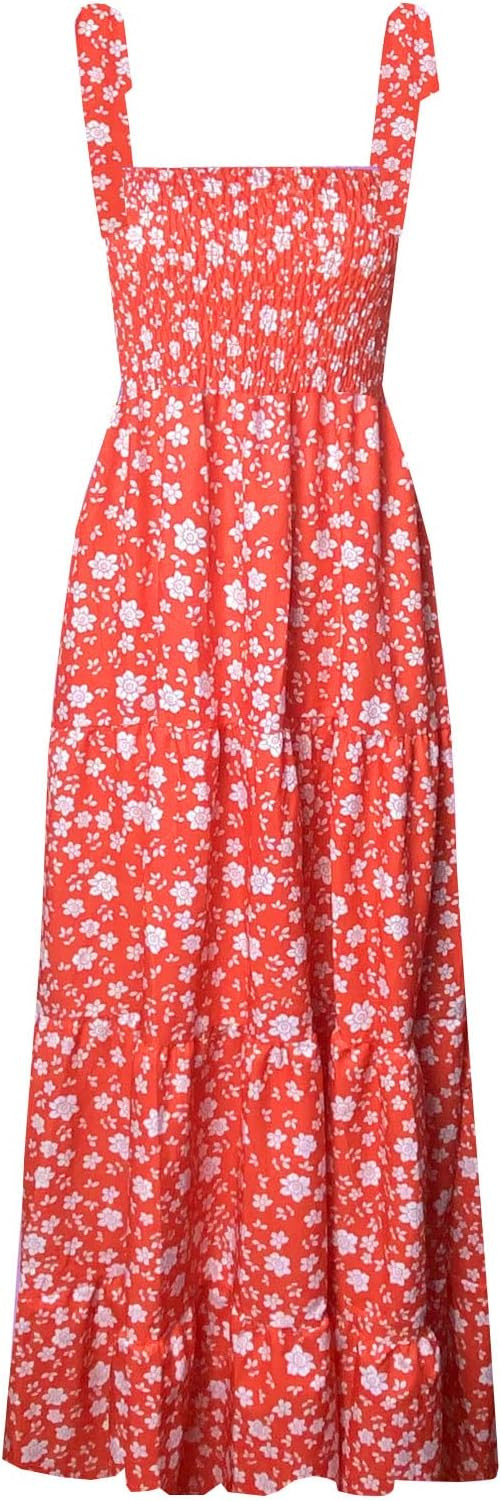 kinstell Women's Summer Boho Spaghetti Strap Square Neck Ruffle Casual Flowy Long Dress Beach Swi... | Amazon (US)