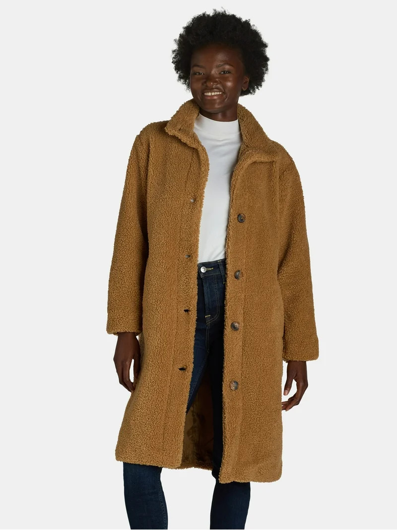 Time and Tru Women's and Women's Plus Teddy Fleece Coat with Funnel Neck, Sizes XS-3X | Walmart (US)