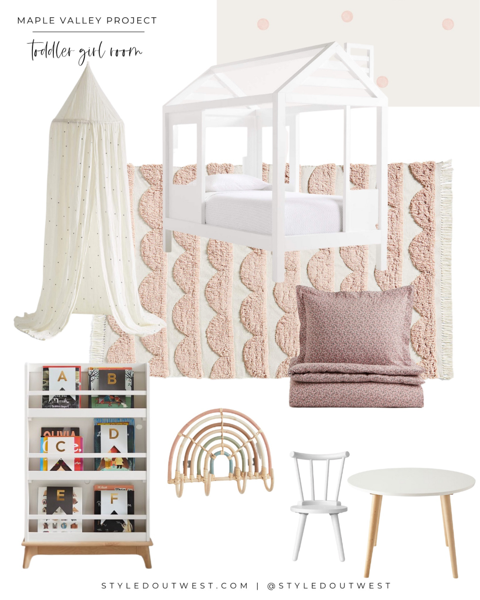 Maple Valley Toddler Girl Room

Bookshelves, canopy, kids table and chair, hooks, rainbow, pink, Crate & Barrel

#LTKfamily #LTKhome #LTKkids