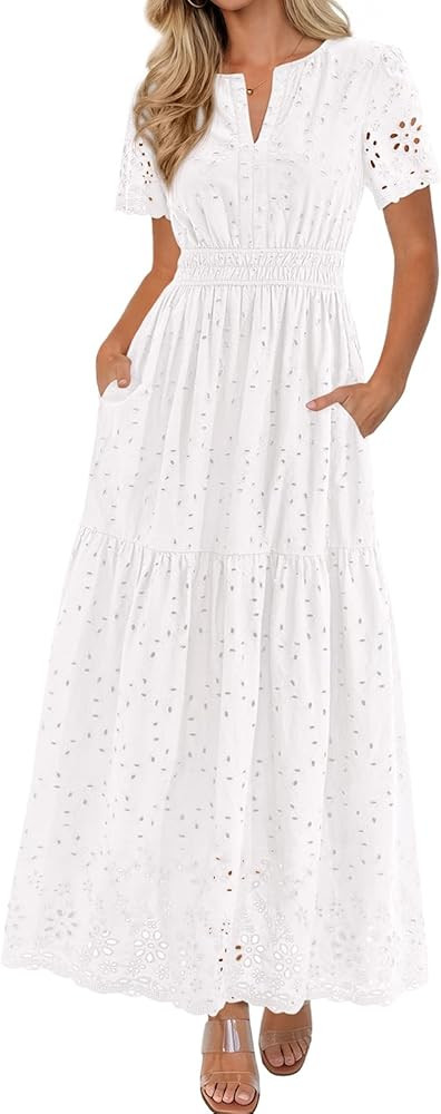 PRETTYGARDEN Womens Spring Maxi Dress Short Sleeve V Neck Cotton Hollow Out A Line Beach Vacation... | Amazon (US)