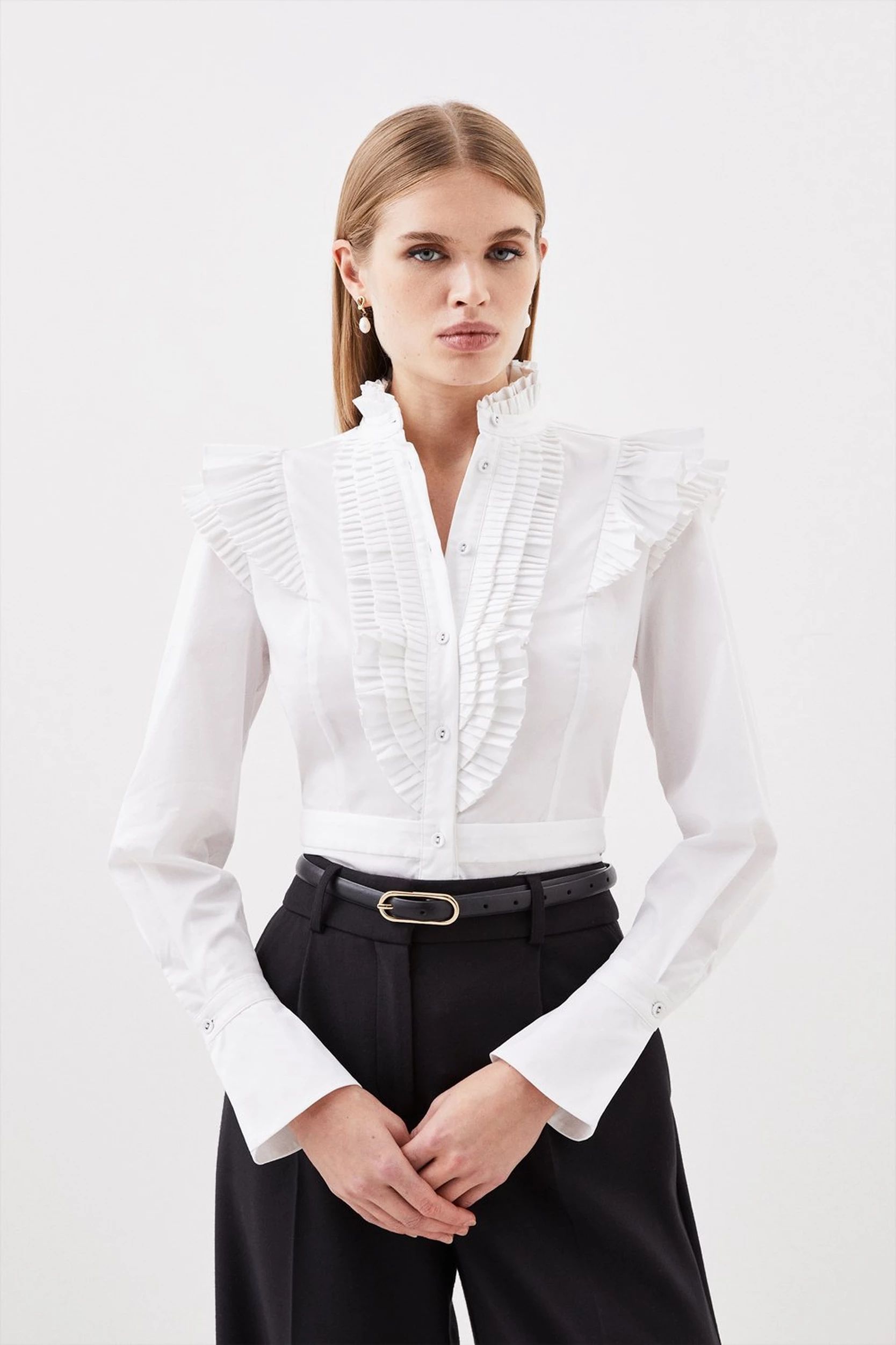 Long Sleeved Pleated Ruffle Shirt | Karen Millen UK + IE + DE + NL