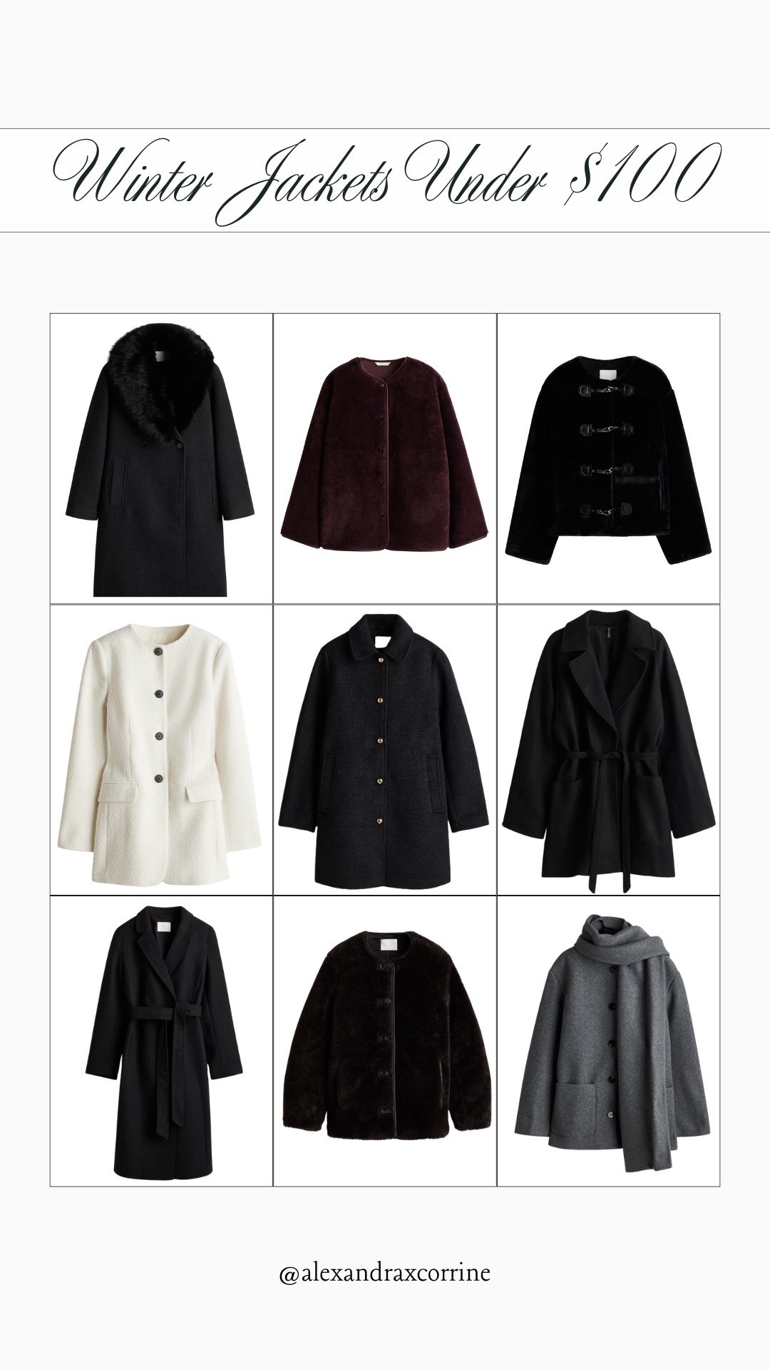 Winter jackets $100 and under 🤍

Winter coat, jacket, winter style, chic winter fashion, H&M finds, burgundy, black and white, winter accessories 

#LTKFindsUnder100 #LTKSeasonal