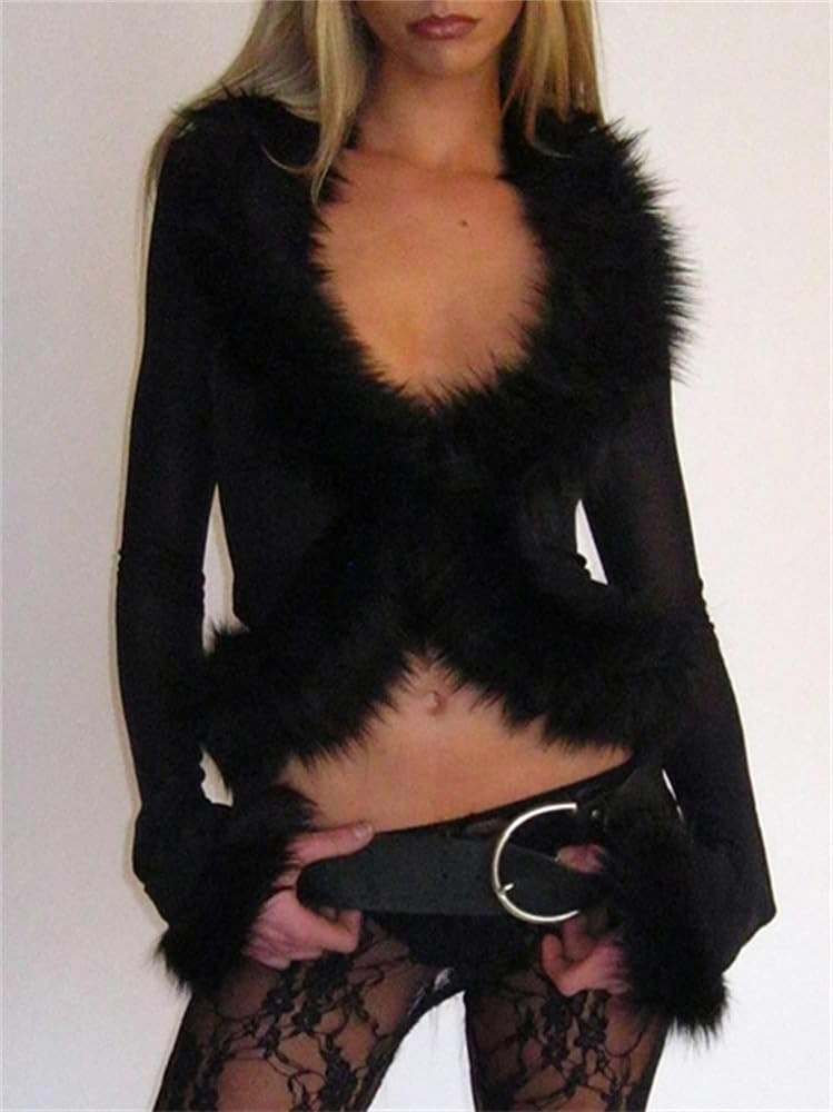 Fuzzy Fur Trim Mesh Crop Top for Women Sexy See Through Shirt Sheer Long Sleeve V Neck Cardigan J... | Amazon (US)