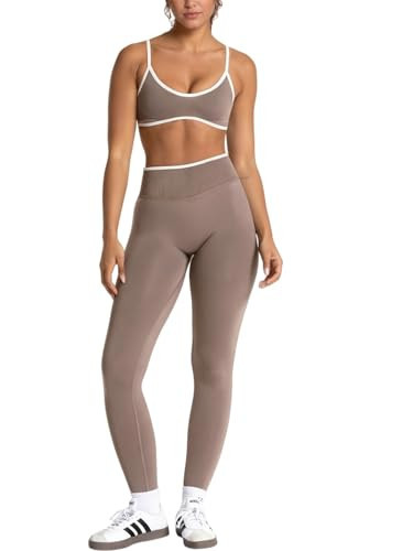JUVOME Workout Sets for Women 2 Piece Contrast Trim Adjustable Strap Sports Bra Matching Scrunch Butt Lifting High Waist Leggings Athletic Gym Set Yoga Pilates Outfits Mocha S | Amazon (US)