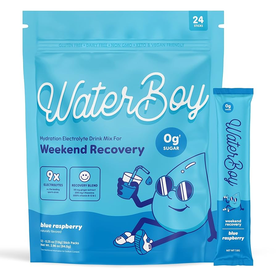 Waterboy Weekend Recovery | 3,200mg Electrolyte Powder Packets | Ginger + L-Theanine + Vitamins |... | Amazon (US)