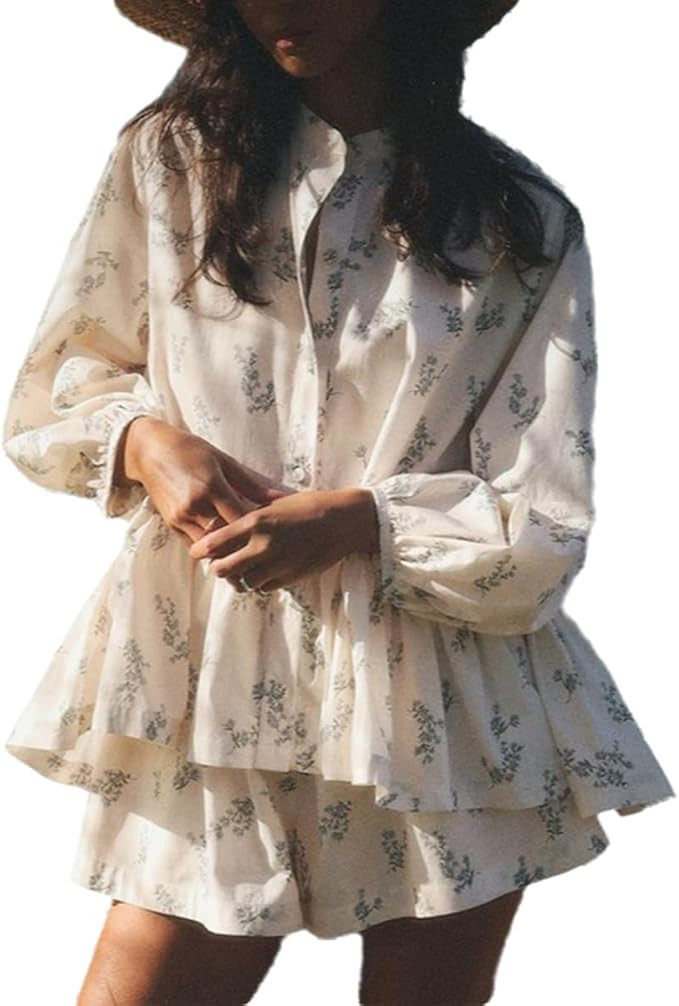 Outfits for Women 2 Piece Sets White Floral Long Sleeve Shirt with Elastic Shorts Ruffle Cute Two... | Amazon (US)