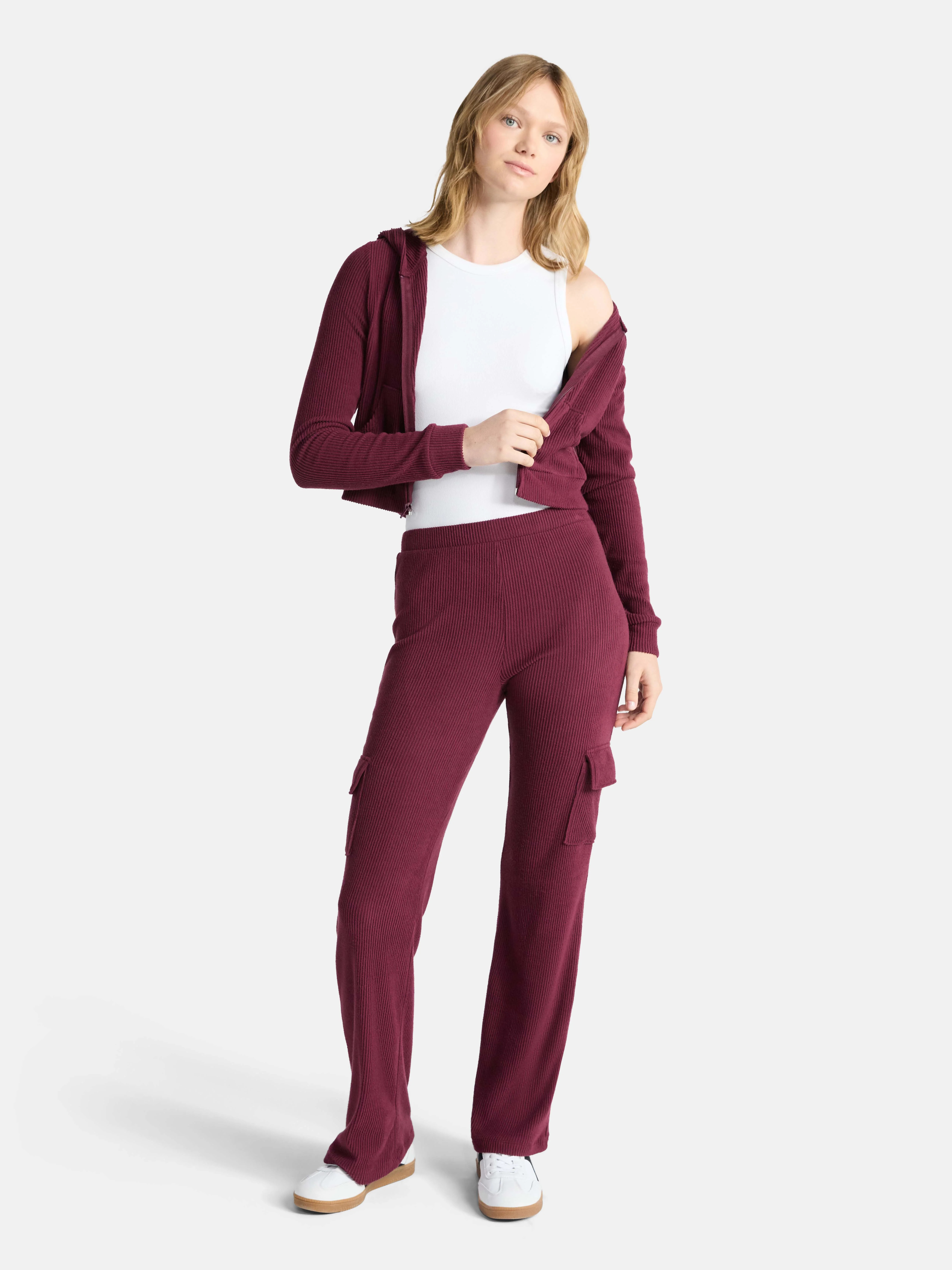 No Boundaries Brushed Ribbed Zip-Up Hoodie and Flare Pants Set, 2-Piece, Women's | Walmart (US)